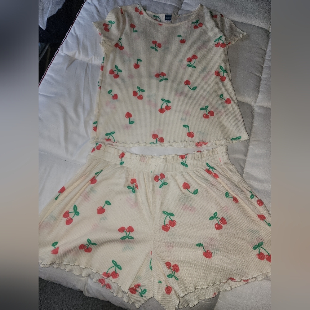 Old Navy Cream and Red Cherry Print Pajama Set